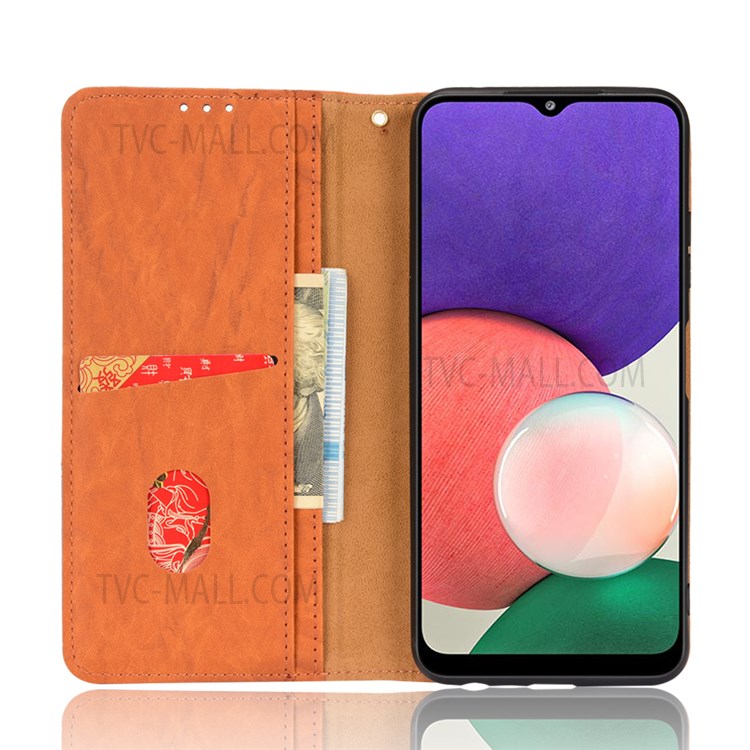 PU Leather + TPU Color Splicing Phone Cover Auto-absorbed Magnet Stand Wallet Case for Samsung Galaxy A22 5G (EU Version) - Brown-4