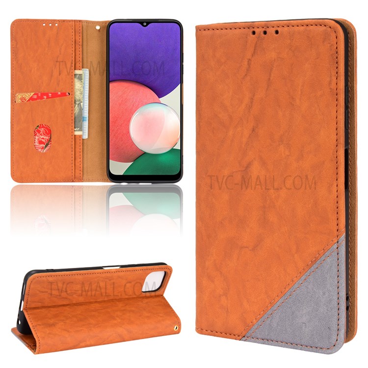 PU Leather + TPU Color Splicing Phone Cover Auto-absorbed Magnet Stand Wallet Case for Samsung Galaxy A22 5G (EU Version) - Brown-8