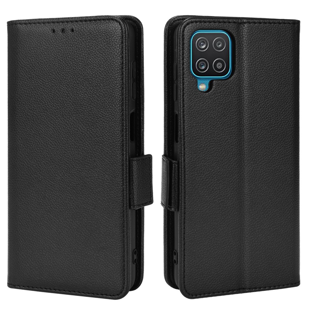 PU Leather + TPU Phone Case Double Magnetic Clasps Litchi Texture Wallet Shell with Stand for Samsung Galaxy A12/A12 Nacho - Black-1