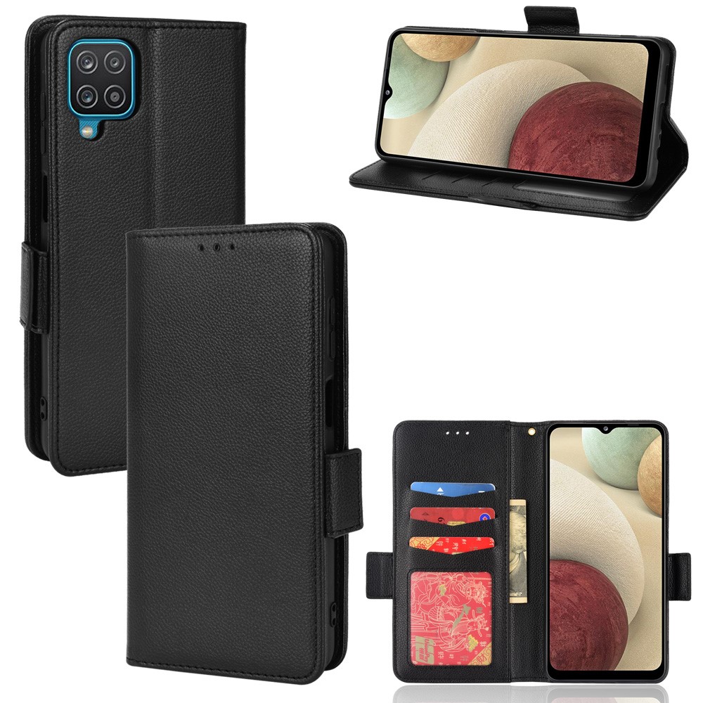PU Leather + TPU Phone Case Double Magnetic Clasps Litchi Texture Wallet Shell with Stand for Samsung Galaxy A12/A12 Nacho - Black-7