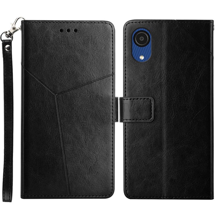 Fashionable Mobile Phone Cover Y-shaped Lines Imprinted Handy Strap Magnetic PU Leather Stand Wallet Case for Samsung Galaxy A03 Core - Black-1