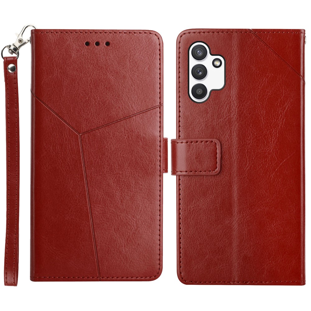 Handy Strap Mobile Phone Cover Y-shaped Lines Imprinted Magnetic PU Leather Stand Wallet Case for Samsung Galaxy A13 4G - Brown-1