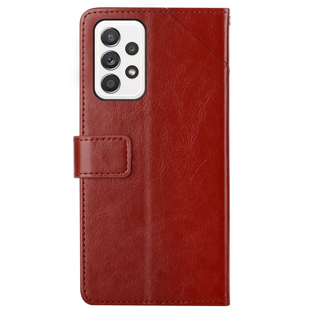 For Samsung Galaxy A73 5G Anti-fingerprint Y-shaped Lines Imprinted Handy Strap Magnetic PU Leather Stand Phone Cover Wallet - Brown-3