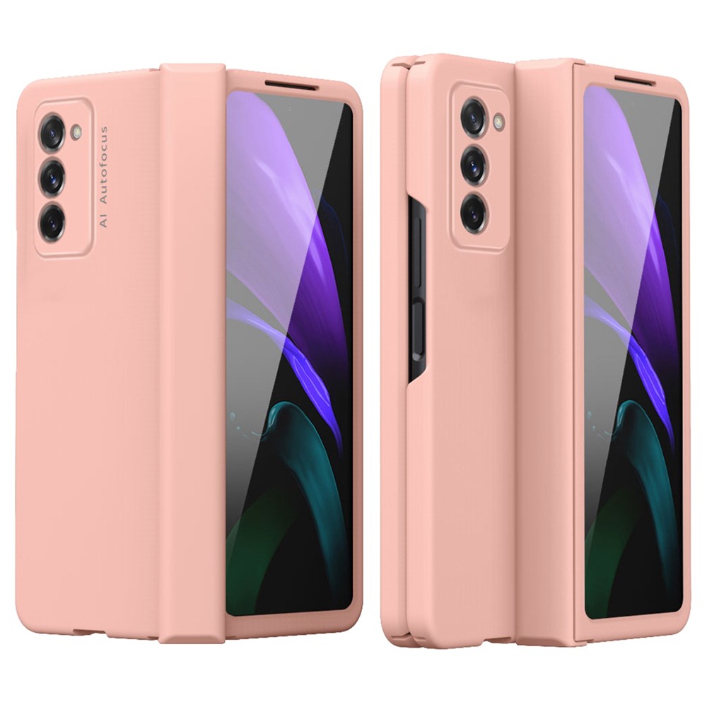 Full Protection Hinge Design Hard PC Folding Phone Case Cover with Glass Screen Protector for Samsung Galaxy Z Fold2 5G - Pink