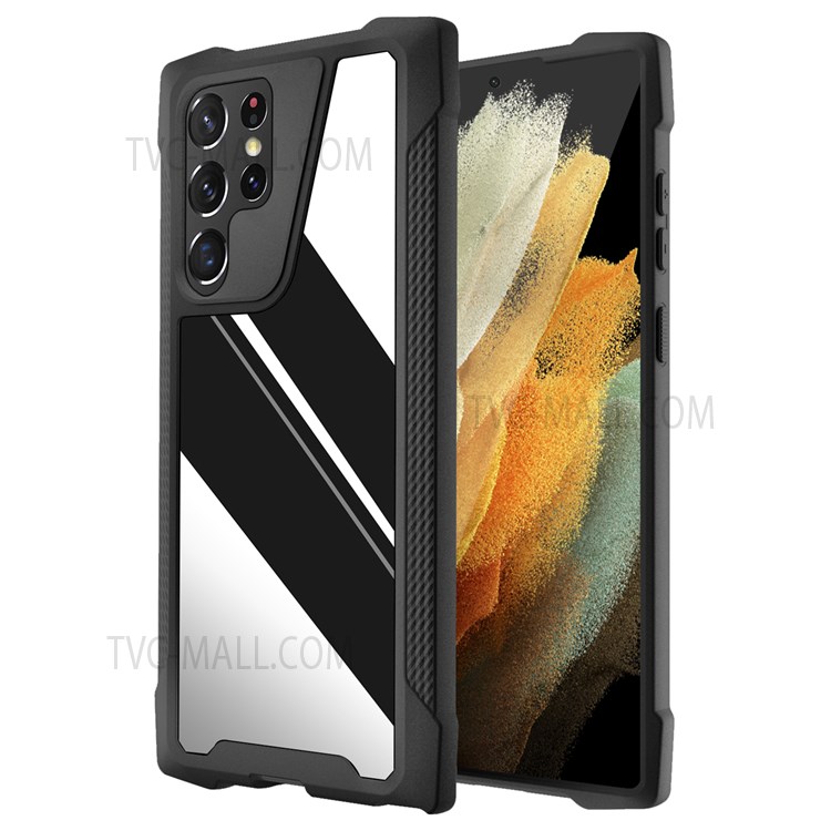 Drop-Proof Phone Case Metal Back Panel + PC + TPU Hybrid Mobile Phone Cover for Samsung Galaxy S22 Ultra 5G - Glossy/Black-1