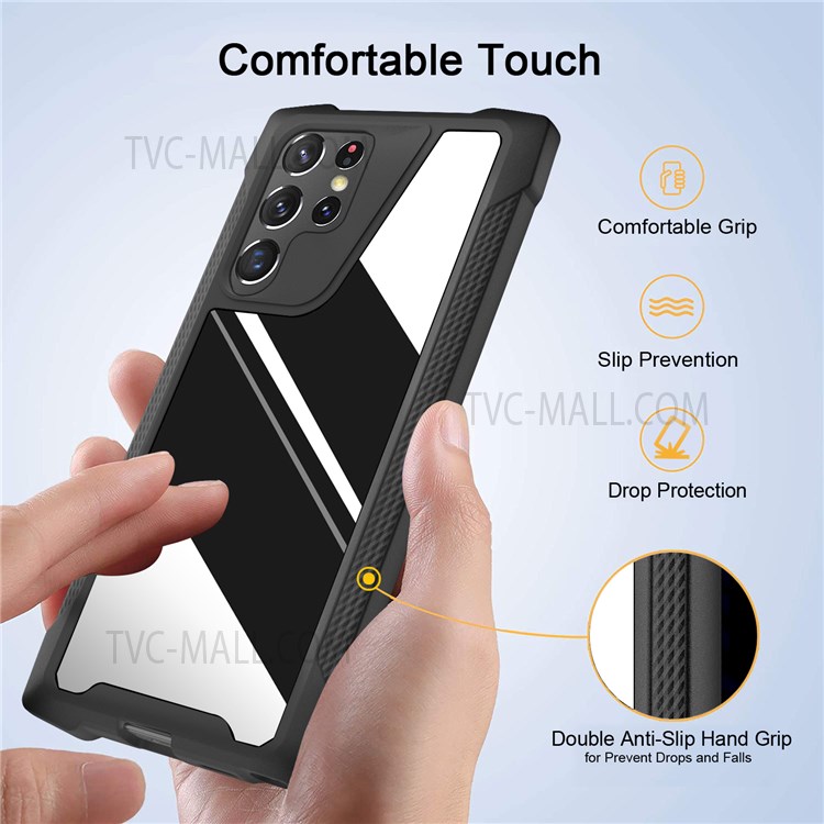 Drop-Proof Phone Case Metal Back Panel + PC + TPU Hybrid Mobile Phone Cover for Samsung Galaxy S22 Ultra 5G - Glossy/Black-2