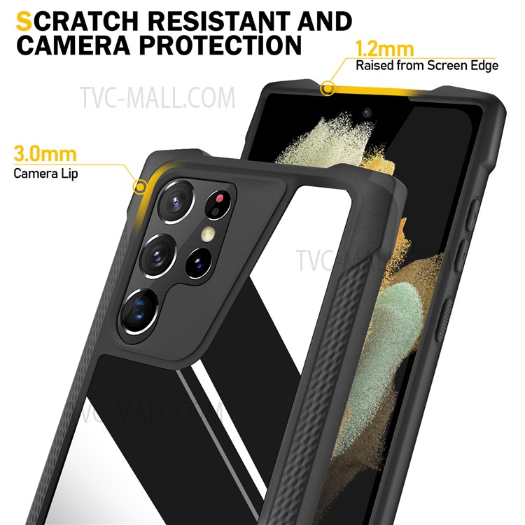Drop-Proof Phone Case Metal Back Panel + PC + TPU Hybrid Mobile Phone Cover for Samsung Galaxy S22 Ultra 5G - Glossy/Black-5