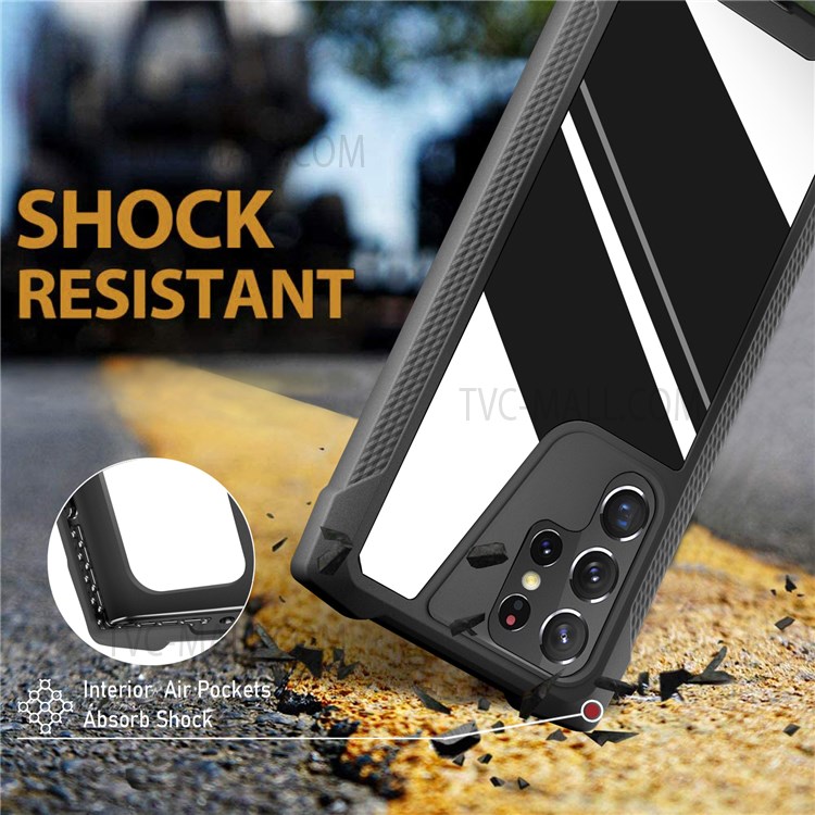 Drop-Proof Phone Case Metal Back Panel + PC + TPU Hybrid Mobile Phone Cover for Samsung Galaxy S22 Ultra 5G - Glossy/Black-6