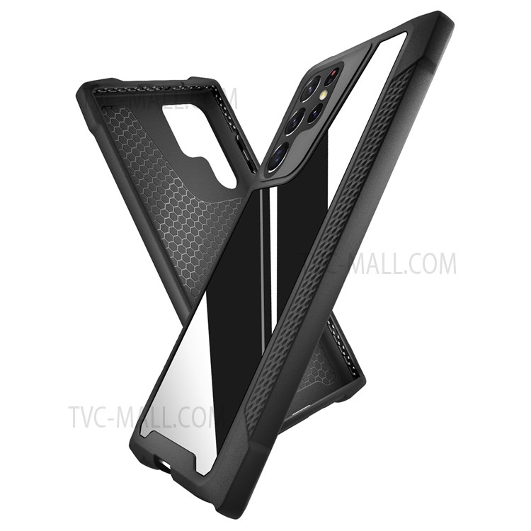 Drop-Proof Phone Case Metal Back Panel + PC + TPU Hybrid Mobile Phone Cover for Samsung Galaxy S22 Ultra 5G - Glossy/Black-8