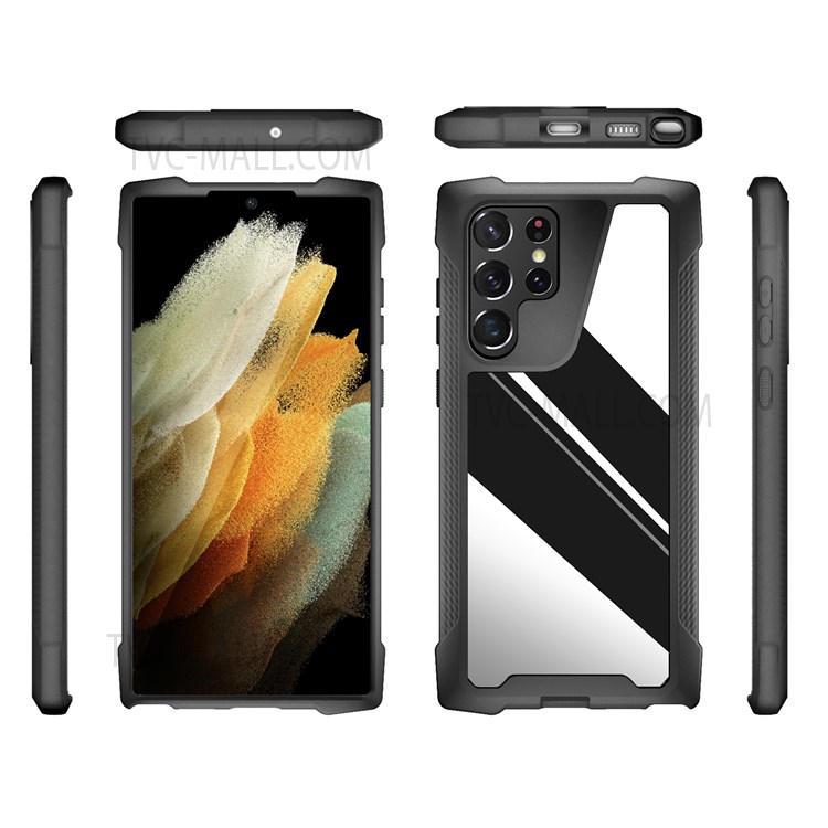 Drop-Proof Phone Case Metal Back Panel + PC + TPU Hybrid Mobile Phone Cover for Samsung Galaxy S22 Ultra 5G - Glossy/Black-9