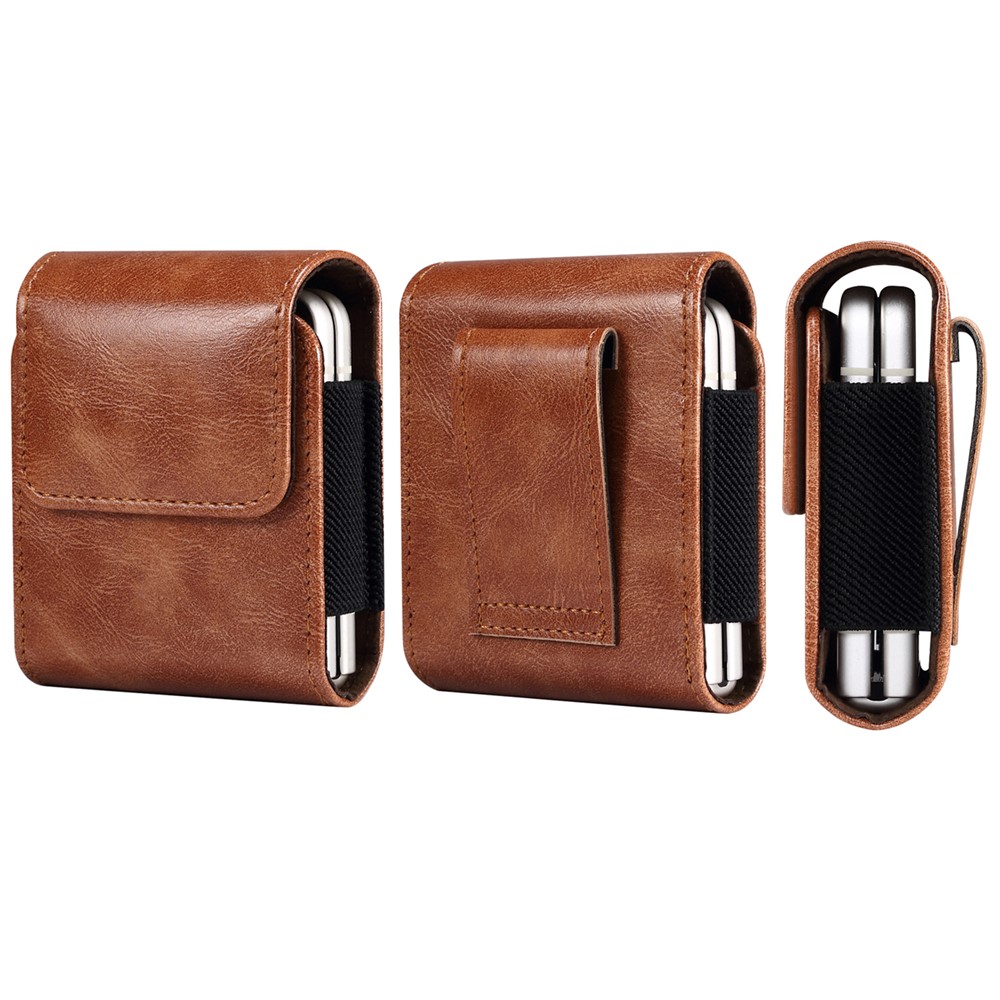 Microfiber Leather Vertical Flip Case for Samsung Galaxy Z Flip8 / Z Flip7 5G / Z Flip3 5G / Z Flip 5G / Motorola Razr 5G , Phone Holster Belt Waist Bag - Brown