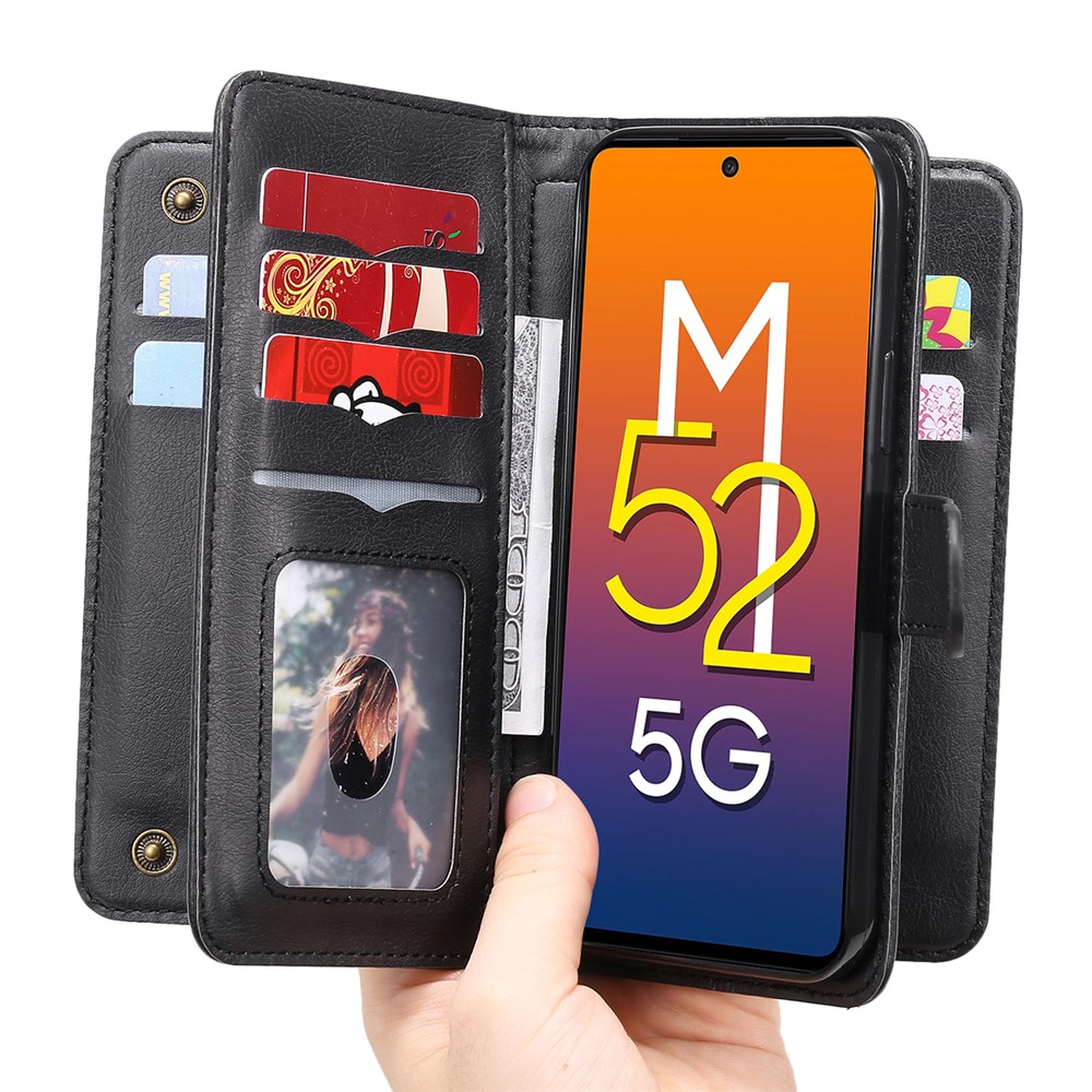 Multiple Card Slots PU Leather Folio Flip Stand Wallet Phone Case for Samsung Galaxy M52 5G - Black-1