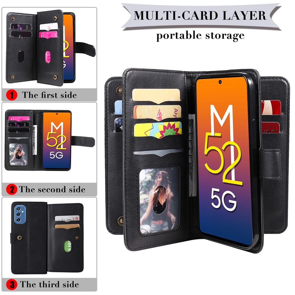 Multiple Card Slots PU Leather Folio Flip Stand Wallet Phone Case for Samsung Galaxy M52 5G - Black-2