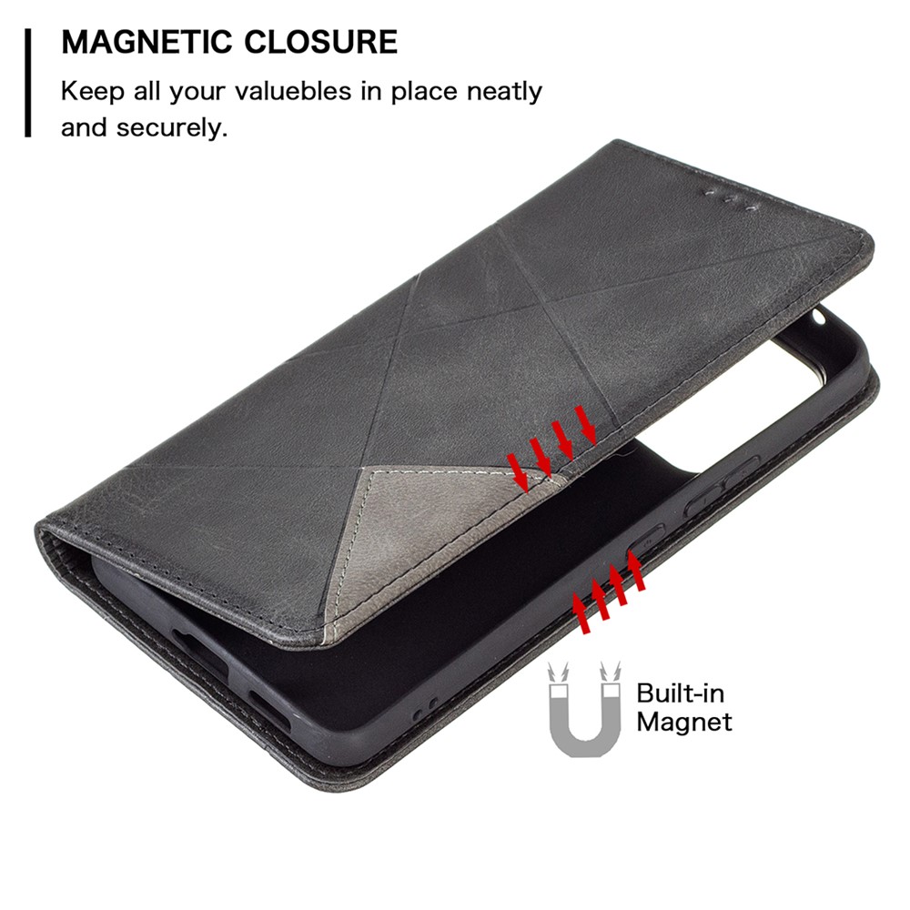 Fully-wrapped Rhombus-like Imprinted Magnetic Closure Card Slots Design Leather Phone Case with Stand for Samsung Galaxy A53 5G - Black-5