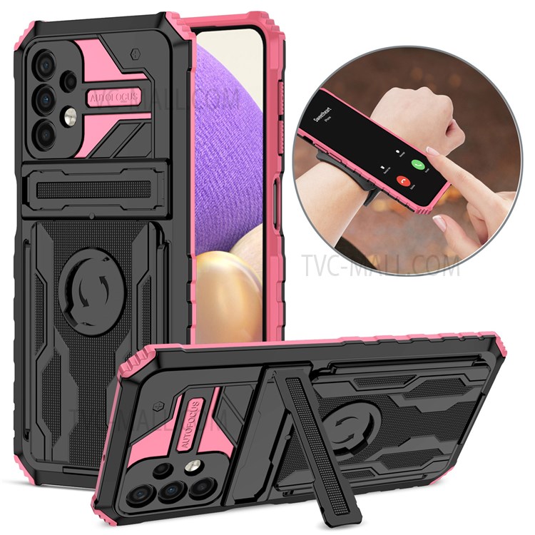 ENKAY Anti-scratch Mobile Phone Cover PC + TPU Phone Case with Kickstand and Sport Arm Wrist Strap for Samsung Galaxy A32 5G - Pink-1