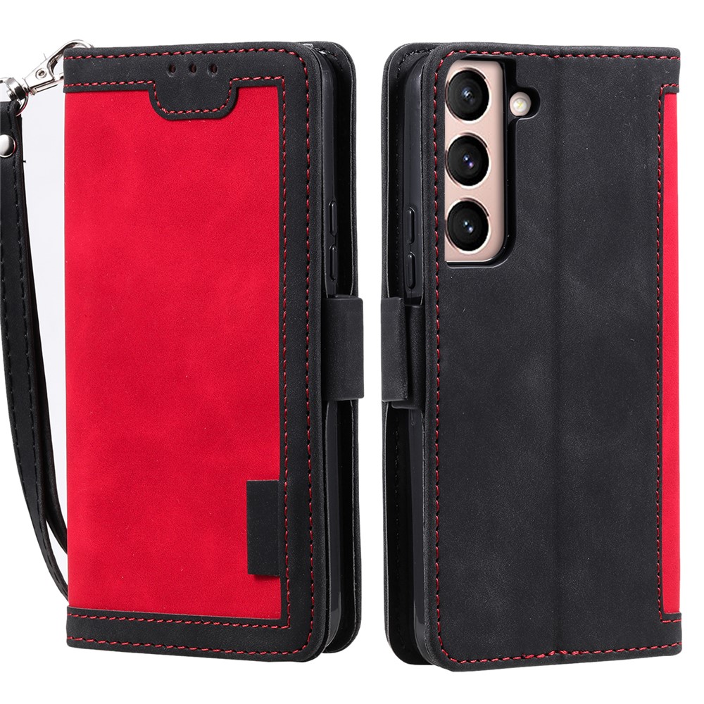 Stand Wallet Design Wrist Strap Retro Style Color Splicing Well-protected PU Leather Phone Case Cover for Samsung Galaxy S22 5G - Red-1