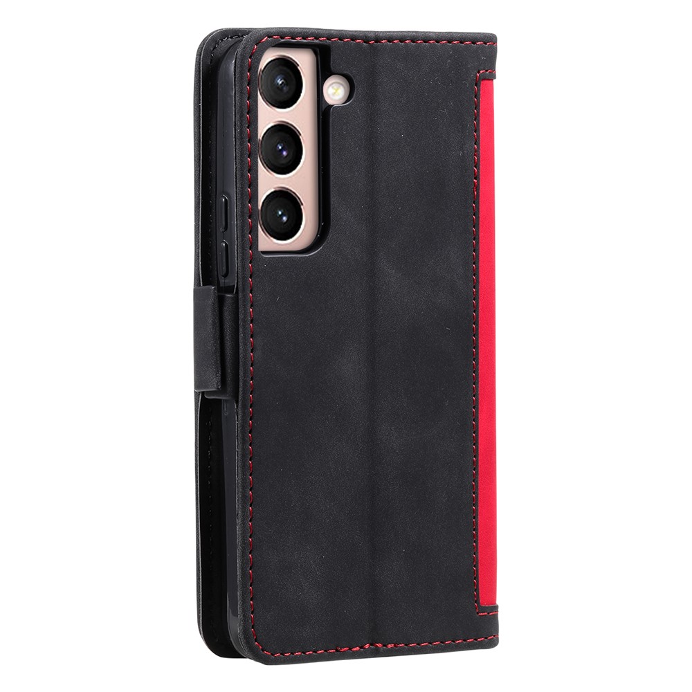 Stand Wallet Design Wrist Strap Retro Style Color Splicing Well-protected PU Leather Phone Case Cover for Samsung Galaxy S22 5G - Red-3