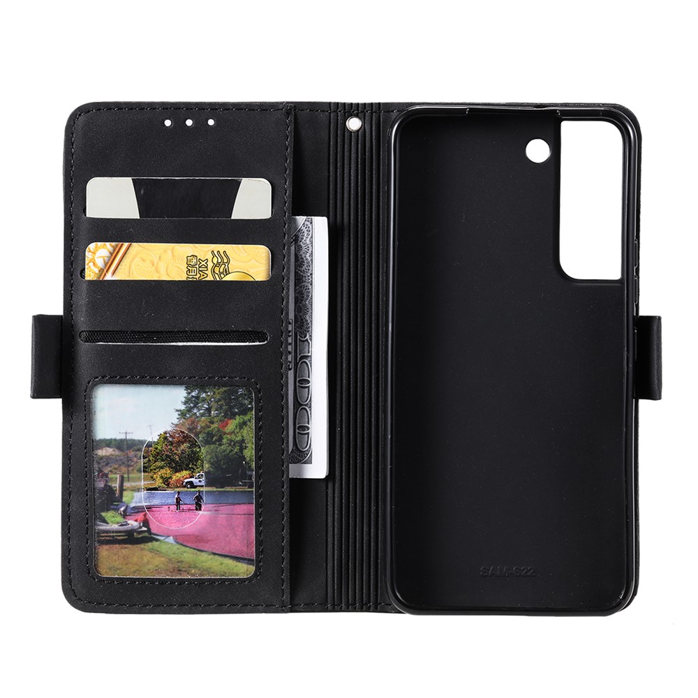 Stand Wallet Design Wrist Strap Retro Style Color Splicing Well-protected PU Leather Phone Case Cover for Samsung Galaxy S22 5G - Red-4