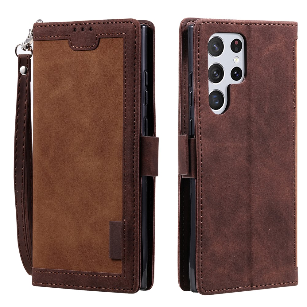 Stand Wallet Design Scratch-resistant Retro Style Color Splicing PU Leather Phone Case with Handy Strap for Samsung Galaxy S22 Ultra 5G - Brown-1