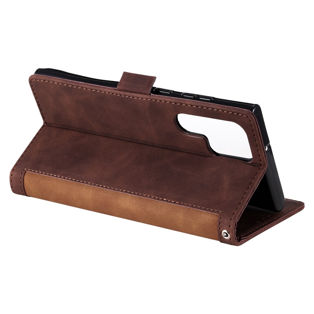 Stand Wallet Design Scratch-resistant Retro Style Color Splicing PU Leather Phone Case with Handy Strap for Samsung Galaxy S22 Ultra 5G - Brown-5