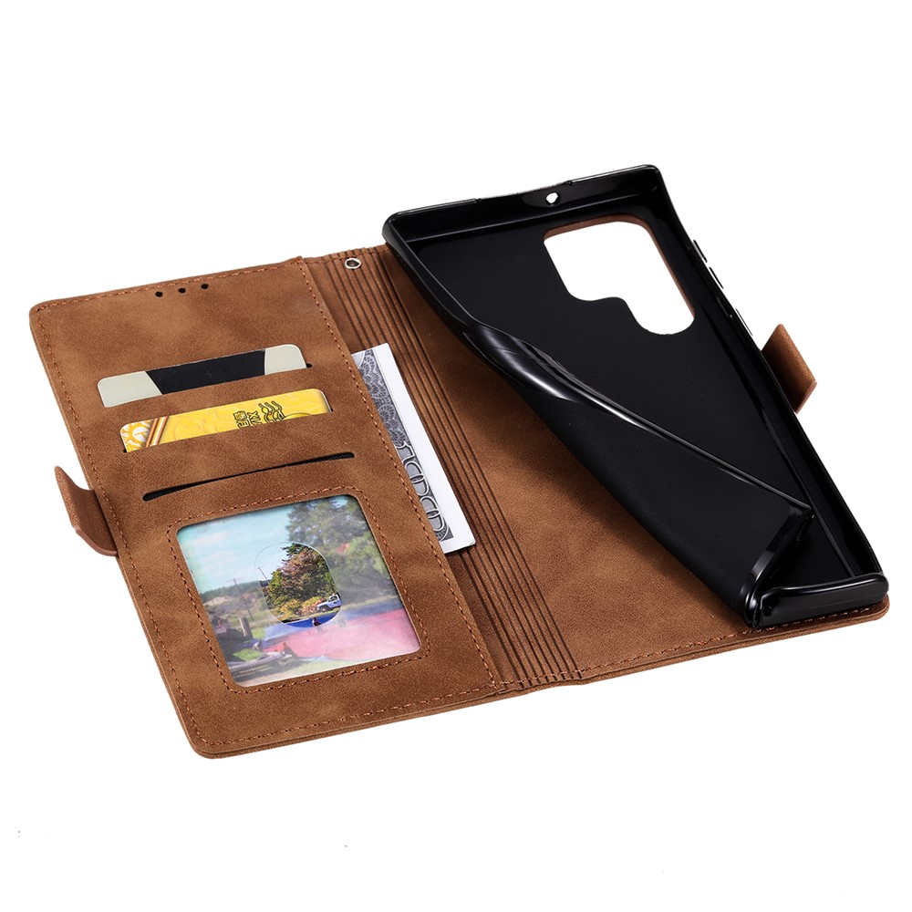 Stand Wallet Design Scratch-resistant Retro Style Color Splicing PU Leather Phone Case with Handy Strap for Samsung Galaxy S22 Ultra 5G - Brown-6