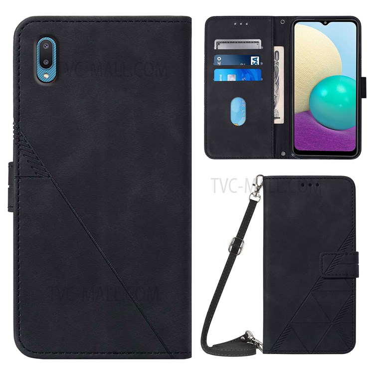 PB2-1 Series Imprinting Lines PU Leather Stand Wallet Phone Cover Full Protection Magnetic Clasp Case with Shoulder Strap for Samsung Galaxy A02/M02 - Black-1