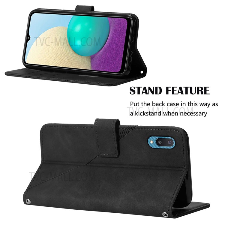 PB2-1 Series Imprinting Lines PU Leather Stand Wallet Phone Cover Full Protection Magnetic Clasp Case with Shoulder Strap for Samsung Galaxy A02/M02 - Black-5