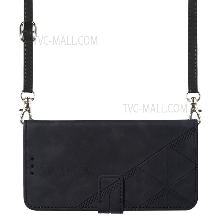 PB2-1 Series Imprinting Lines PU Leather Stand Wallet Phone Cover Full Protection Magnetic Clasp Case with Shoulder Strap for Samsung Galaxy A02/M02 - Black-7