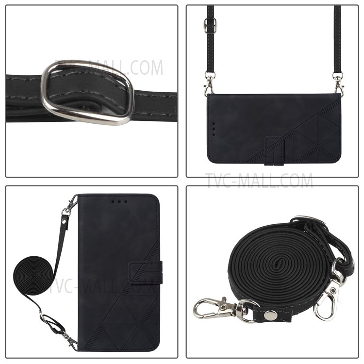 PB2-1 Series Imprinting Lines PU Leather Stand Wallet Phone Cover Full Protection Magnetic Clasp Case with Shoulder Strap for Samsung Galaxy A02/M02 - Black-8