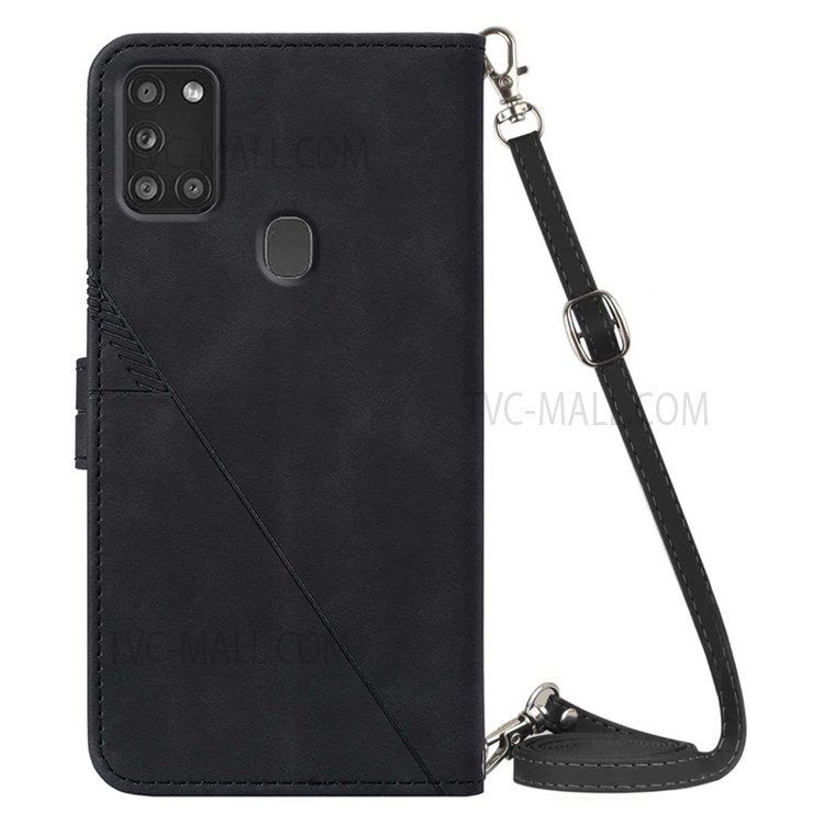 PB2-1 Series Fully Wrapped Imprinting Lines PU Leather Stand Wallet Phone Cover Dual-sided Magnetic Clasp Case with Shoulder Strap for Samsung Galaxy A21s - Black-3