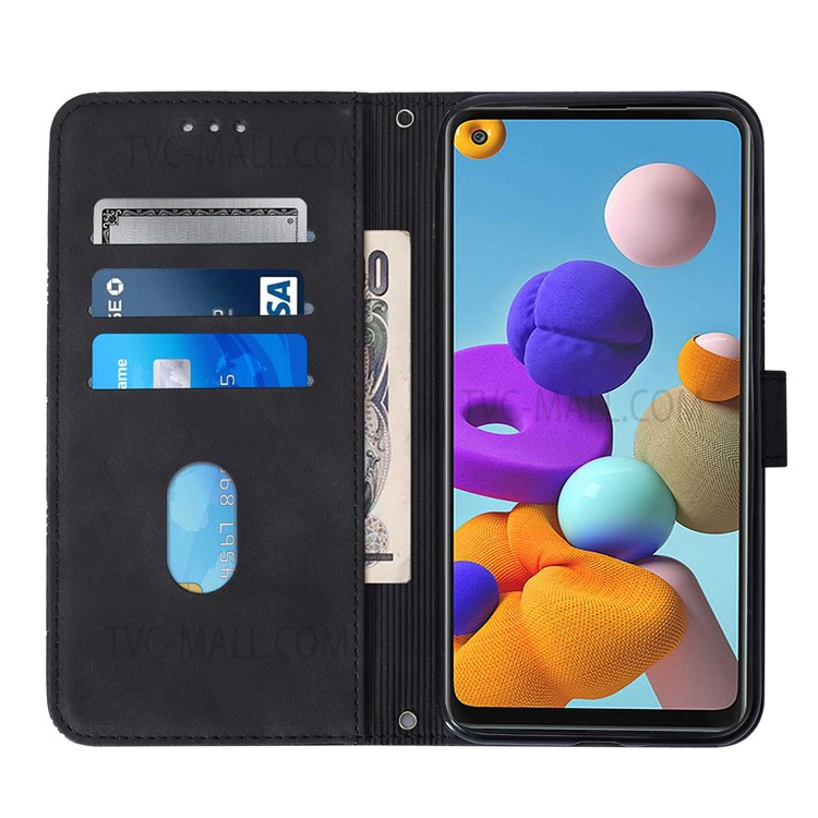 PB2-1 Series Fully Wrapped Imprinting Lines PU Leather Stand Wallet Phone Cover Dual-sided Magnetic Clasp Case with Shoulder Strap for Samsung Galaxy A21s - Black-4