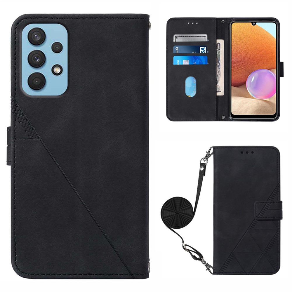 PB2-1 Series Imprinting Lines PU Leather Stand Wallet Phone Cover Magnetic Clasp Case with Detachable Shoulder Strap for Samsung Galaxy A32 5G/M32 5G - Black-1