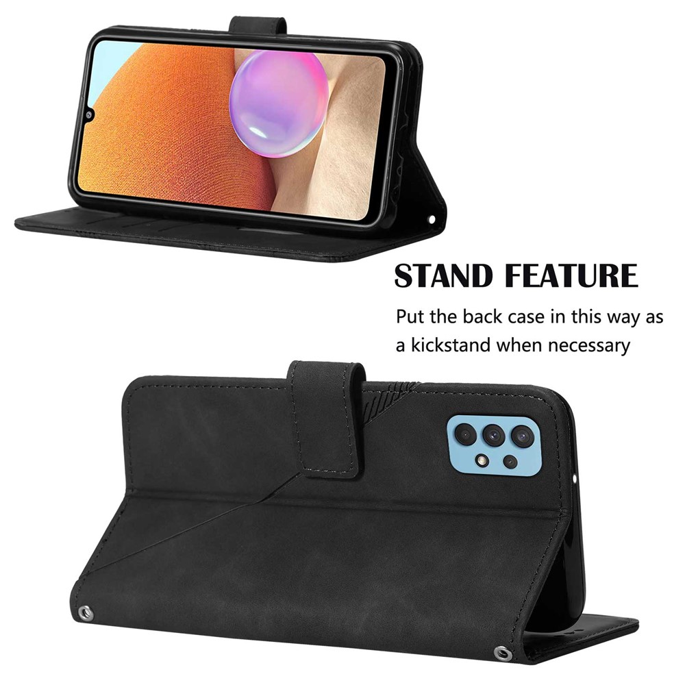 PB2-1 Series Imprinting Lines PU Leather Stand Wallet Phone Cover Magnetic Clasp Case with Detachable Shoulder Strap for Samsung Galaxy A32 5G/M32 5G - Black-5