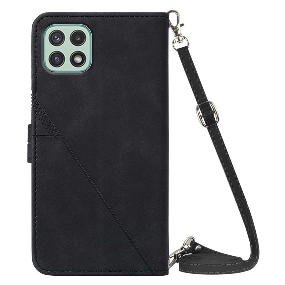 PB2-1 Series Shockproof Imprinting Lines PU Leather Stand Wallet Phone Cover Magnetic Clasp Case with Shoulder Strap for Samsung Galaxy A22 5G (EU Version) - Black-3