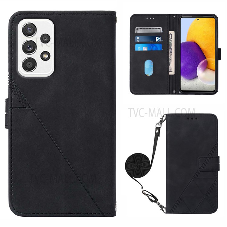 PB2-1 Series Lines Imprinting Magnetic Clasp Shock-absorption PU Leather + TPU Stand Wallet Phone Cover Case with Shoulder Strap for Samsung Galaxy A72 4G/5G - Black-1