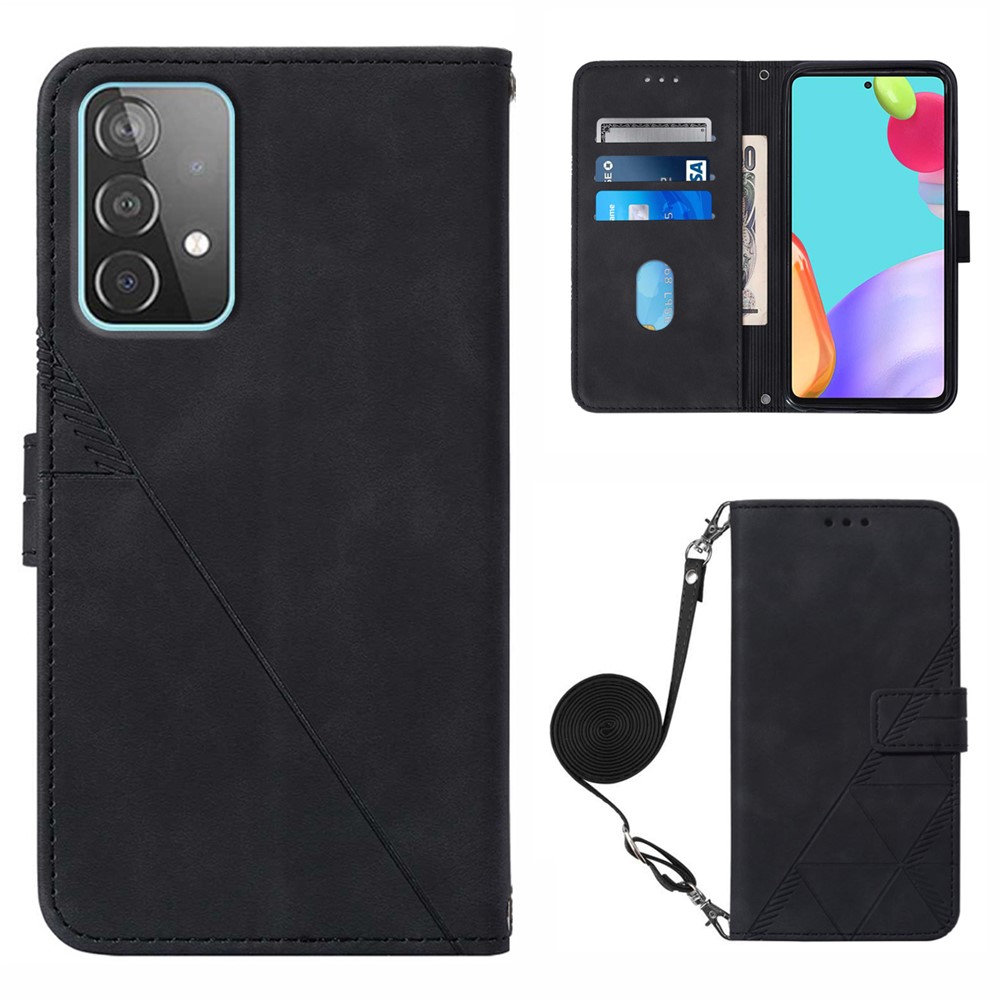 PB2-1 Series Lines Imprinting Magnetic Clasp Folio Flip PU Leather + TPU Stand Wallet Phone Cover Case with Shoulder Strap for Samsung Galaxy A52 4G/5G / A52s 5G - Black-1