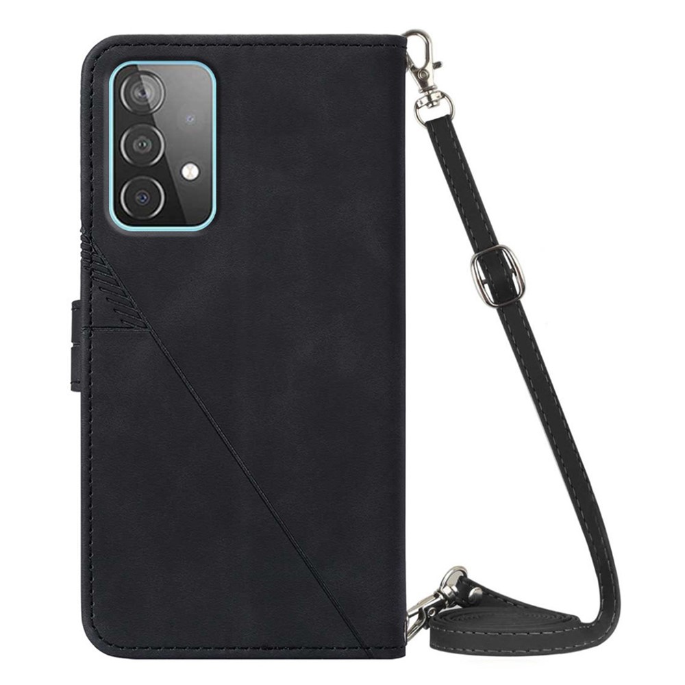PB2-1 Series Lines Imprinting Magnetic Clasp Folio Flip PU Leather + TPU Stand Wallet Phone Cover Case with Shoulder Strap for Samsung Galaxy A52 4G/5G / A52s 5G - Black-3