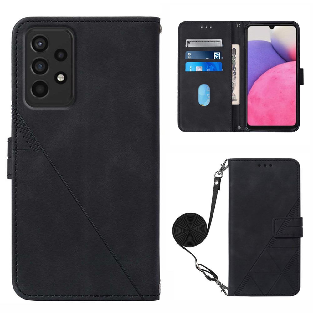 PB2-1 Series Lines Imprinting Magnetic Clasp Folio Flip PU Leather Stand Wallet Phone Cover Case with Shoulder Strap for Samsung Galaxy A33 5G - Black-1
