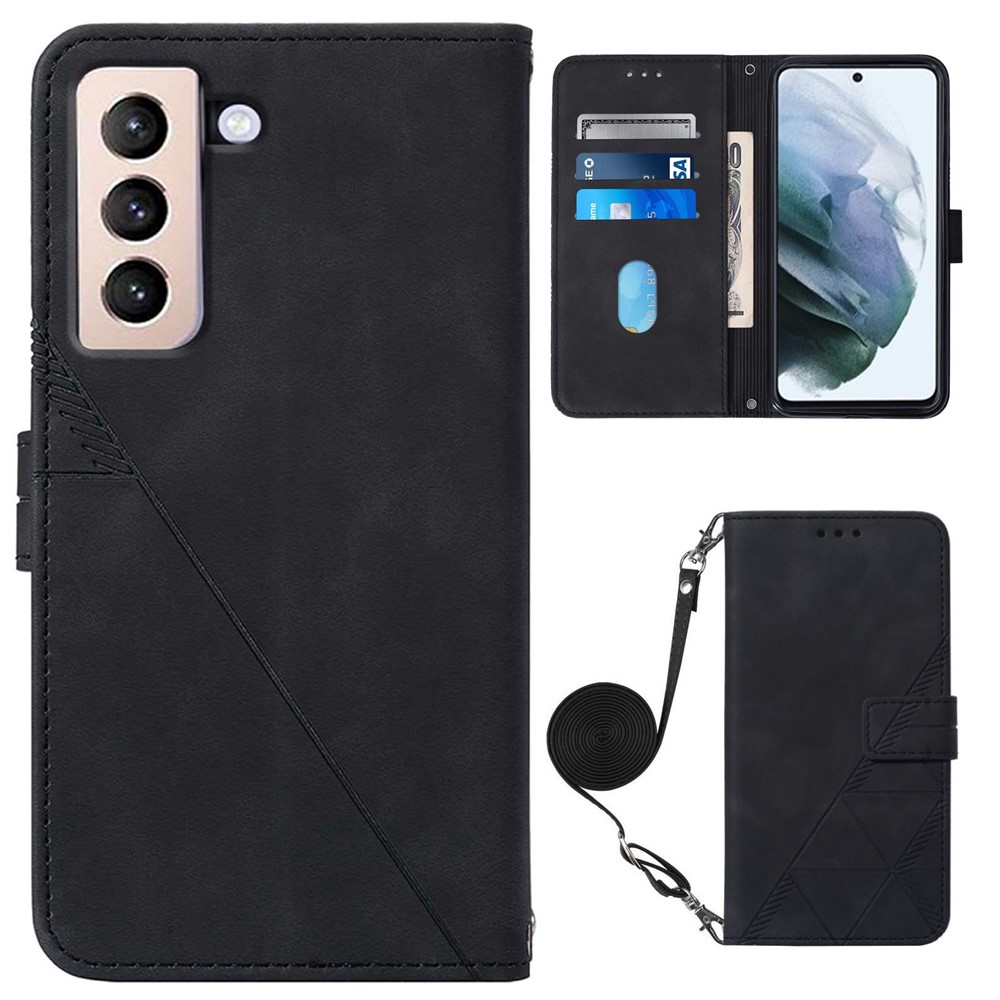 PB2-1 Series Overall Protective Imprinting Lines PU Leather Stand Wallet Phone Cover Magnetic Clasp Case with Shoulder Strap for Samsung Galaxy S22+ 5G - Black-1