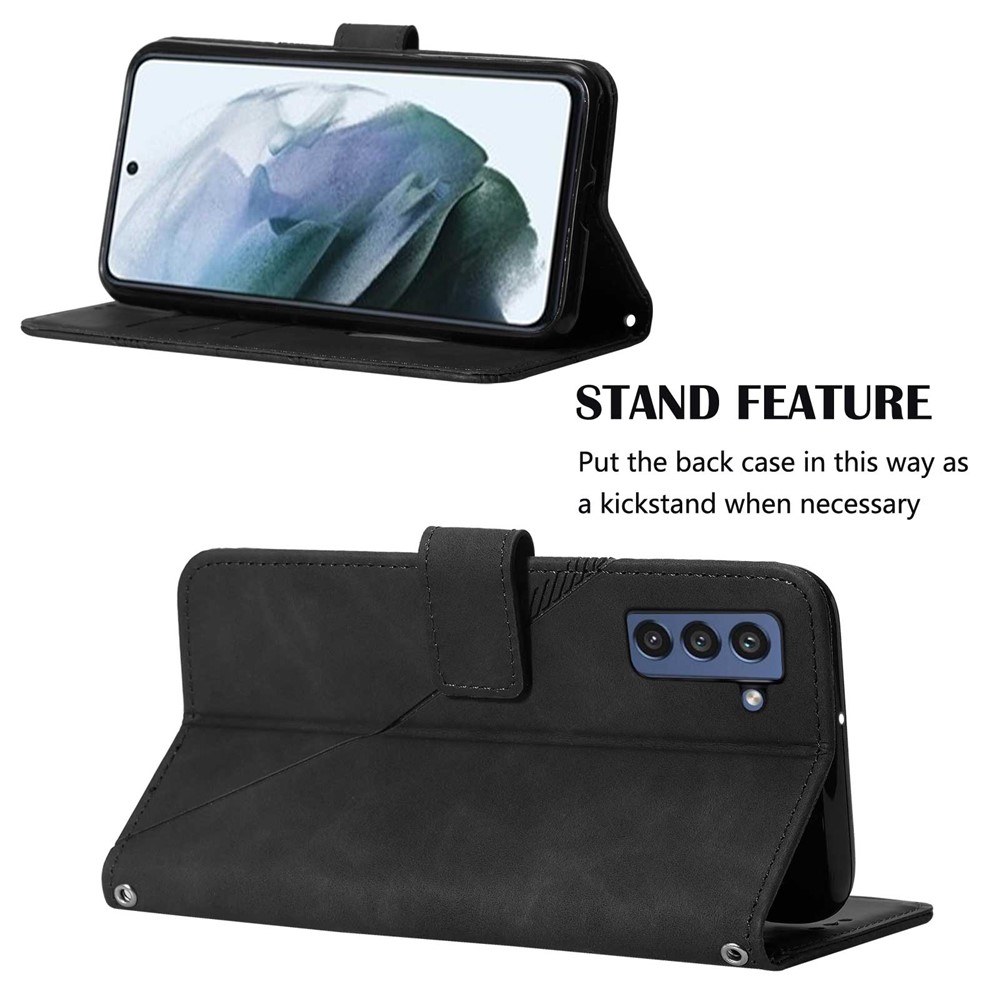 PB2-1 Series Overall Protective Imprinting Lines PU Leather Stand Wallet Phone Cover Magnetic Clasp Case with Shoulder Strap for Samsung Galaxy S22+ 5G - Black-5