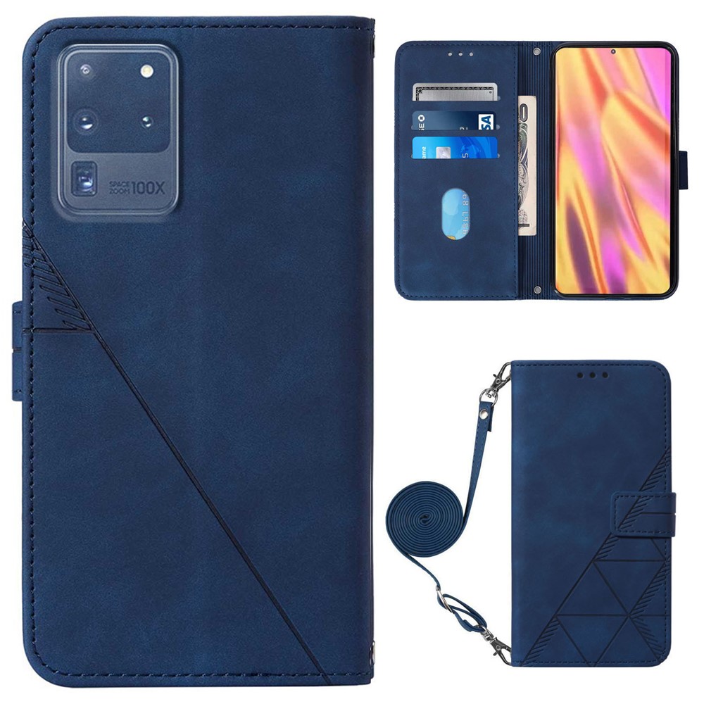PB2-1 Series Fashionable PU Leather Supporting Stand Wallet Phone Cover Mobile Phone Case with Shoulder Strap for Samsung Galaxy S20 Ultra - Sapphire-1