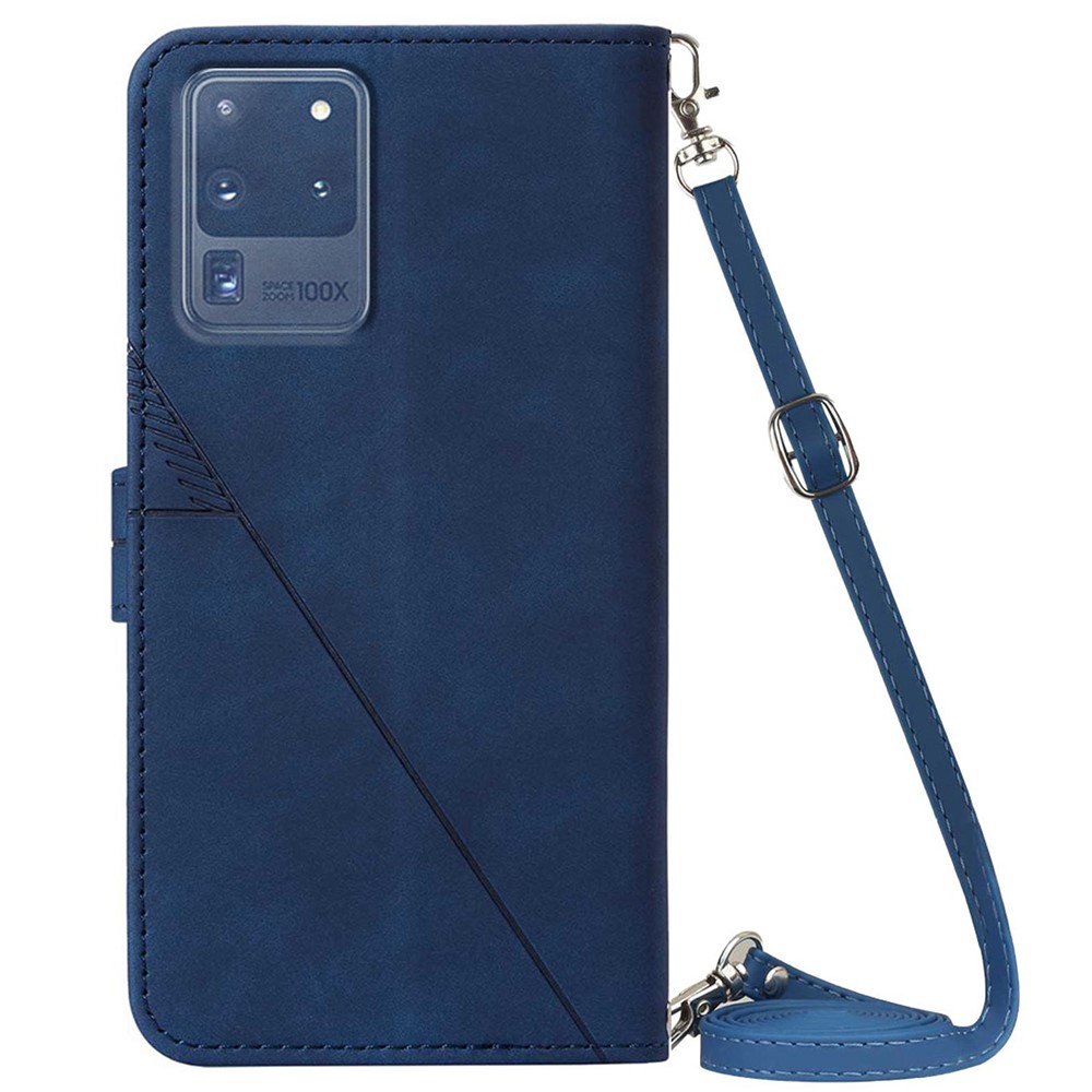 PB2-1 Series Fashionable PU Leather Supporting Stand Wallet Phone Cover Mobile Phone Case with Shoulder Strap for Samsung Galaxy S20 Ultra - Sapphire-3