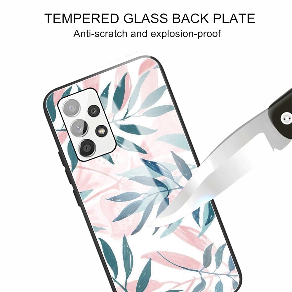 Tempered Glass Back Flexible TPU Bumper Anti-Scratch Pattern Printing Case for Samsung Galaxy A53 5G - Leaves-3