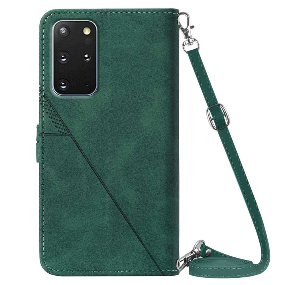PB2-1 Series Stylish Lines Imprinting Magnetic Clasp Anti-dust Mobile Phone Bag Case PU Leather + TPU Stand Wallet Phone Cover with Shoulder Strap for Samsung Galaxy S20 Plus 4G/5G - Blackish Green-3