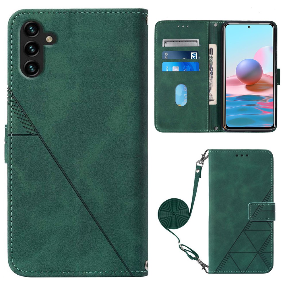 PB2-1 Series PU Leather Anti-fall Phone Case Imprinting Lines Wallet Phone Cover with Long Lanyard Stand for Samsung Galaxy A13 5G - Blackish Green-1