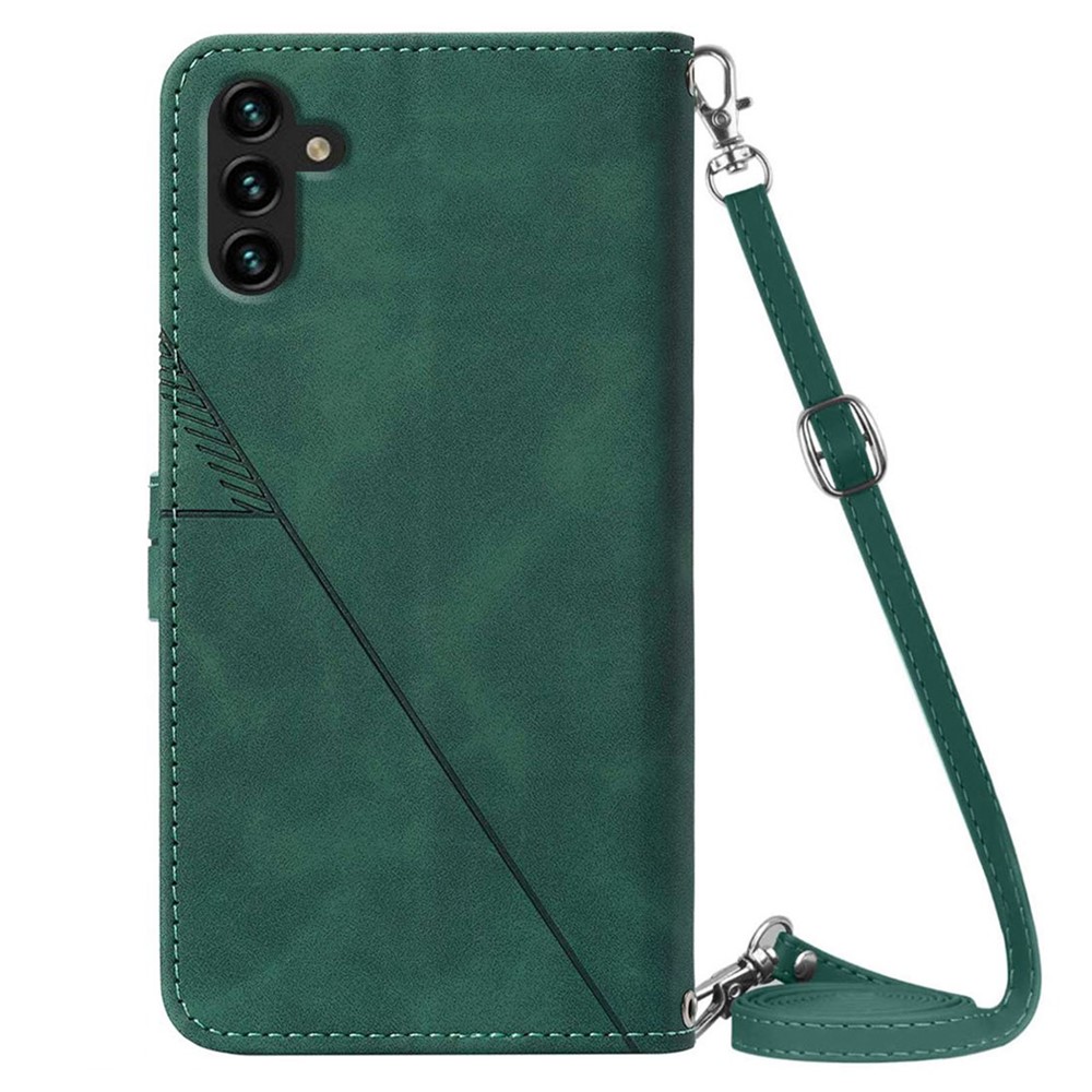 PB2-1 Series PU Leather Anti-fall Phone Case Imprinting Lines Wallet Phone Cover with Long Lanyard Stand for Samsung Galaxy A13 5G - Blackish Green-3