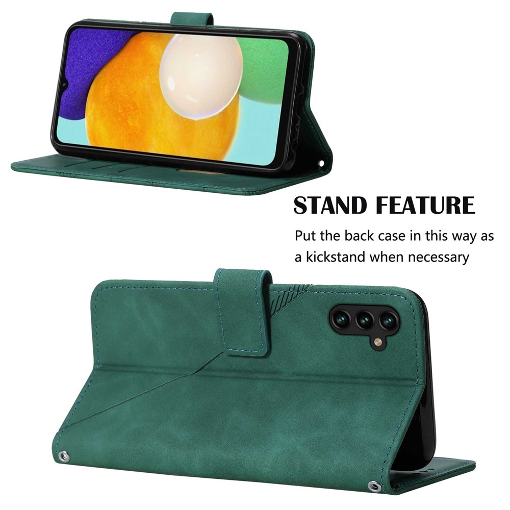 PB2-1 Series PU Leather Anti-fall Phone Case Imprinting Lines Wallet Phone Cover with Long Lanyard Stand for Samsung Galaxy A13 5G - Blackish Green-5