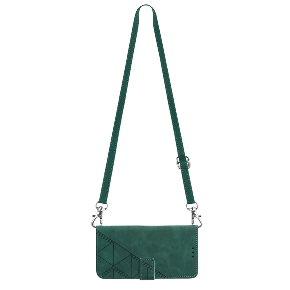 PB2-1 Series PU Leather Anti-fall Phone Case Imprinting Lines Wallet Phone Cover with Long Lanyard Stand for Samsung Galaxy A13 5G - Blackish Green-6