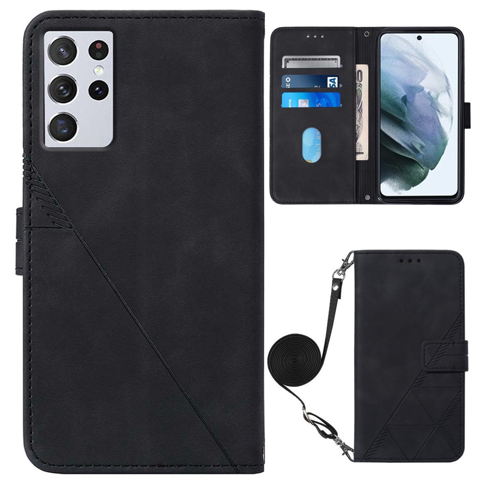 PB2-1 Series Imprinting Lines Long Lanyard Drop-proof PU Leather Stand Wallet Phone Case for Samsung Galaxy S21 Ultra 5G - Black-1