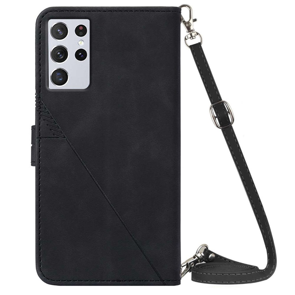 PB2-1 Series Imprinting Lines Long Lanyard Drop-proof PU Leather Stand Wallet Phone Case for Samsung Galaxy S21 Ultra 5G - Black-3